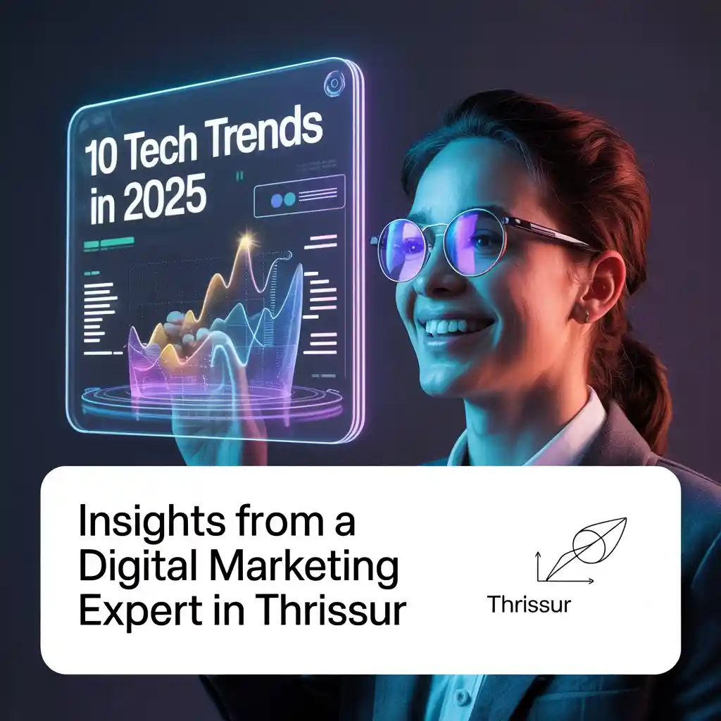 "Smiling woman in glasses interacting with a futuristic virtual screen displaying '10 Tech Trends in 2025,' with a caption below reading 'Insights from a Digital Marketing Expert in Thrissur' and a graphic of a rocket icon labeled Thrissur."